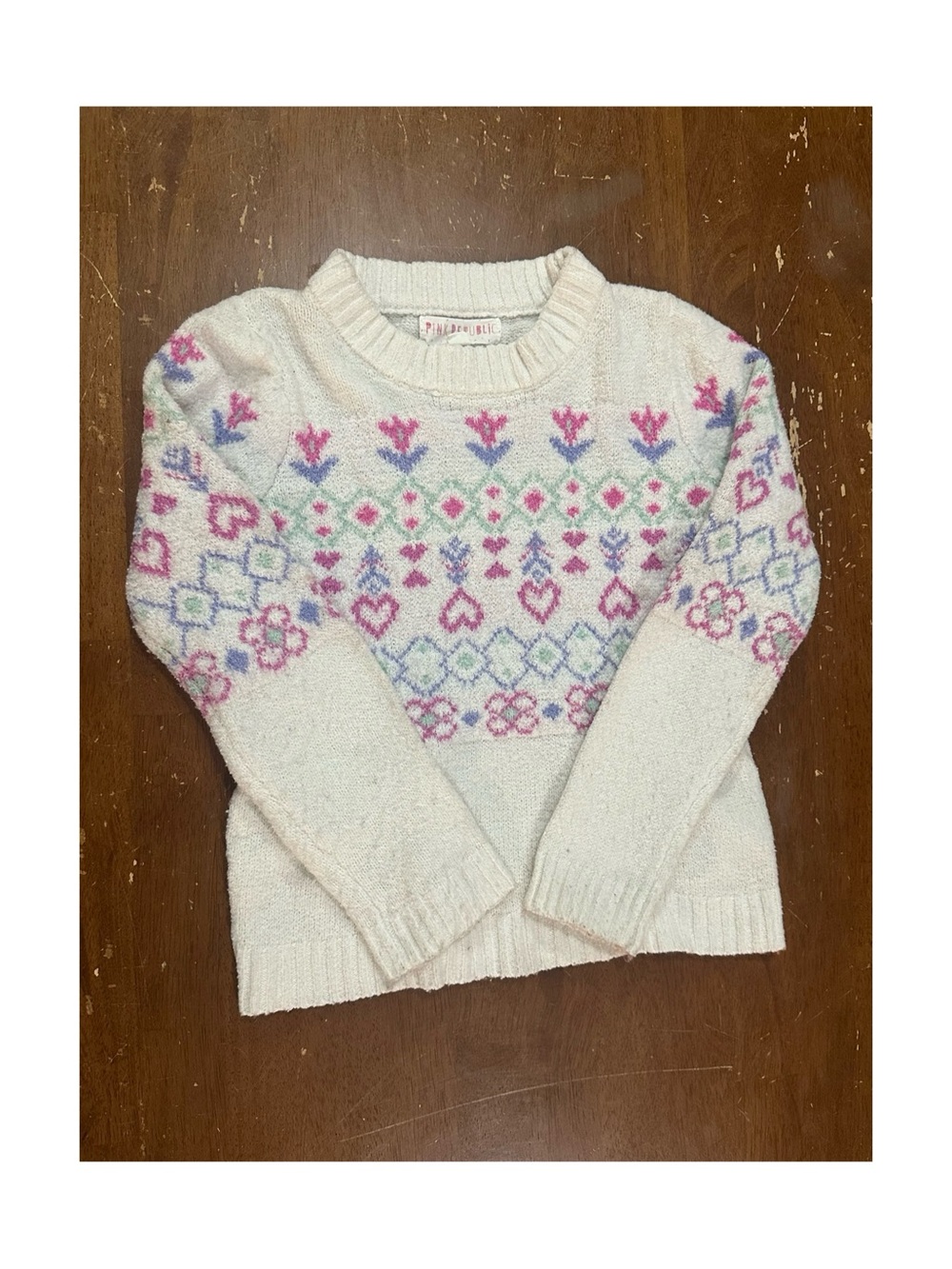 Pink Republic Girls Fair Isle Crewneck Sweater with Floral and Heart Motif *